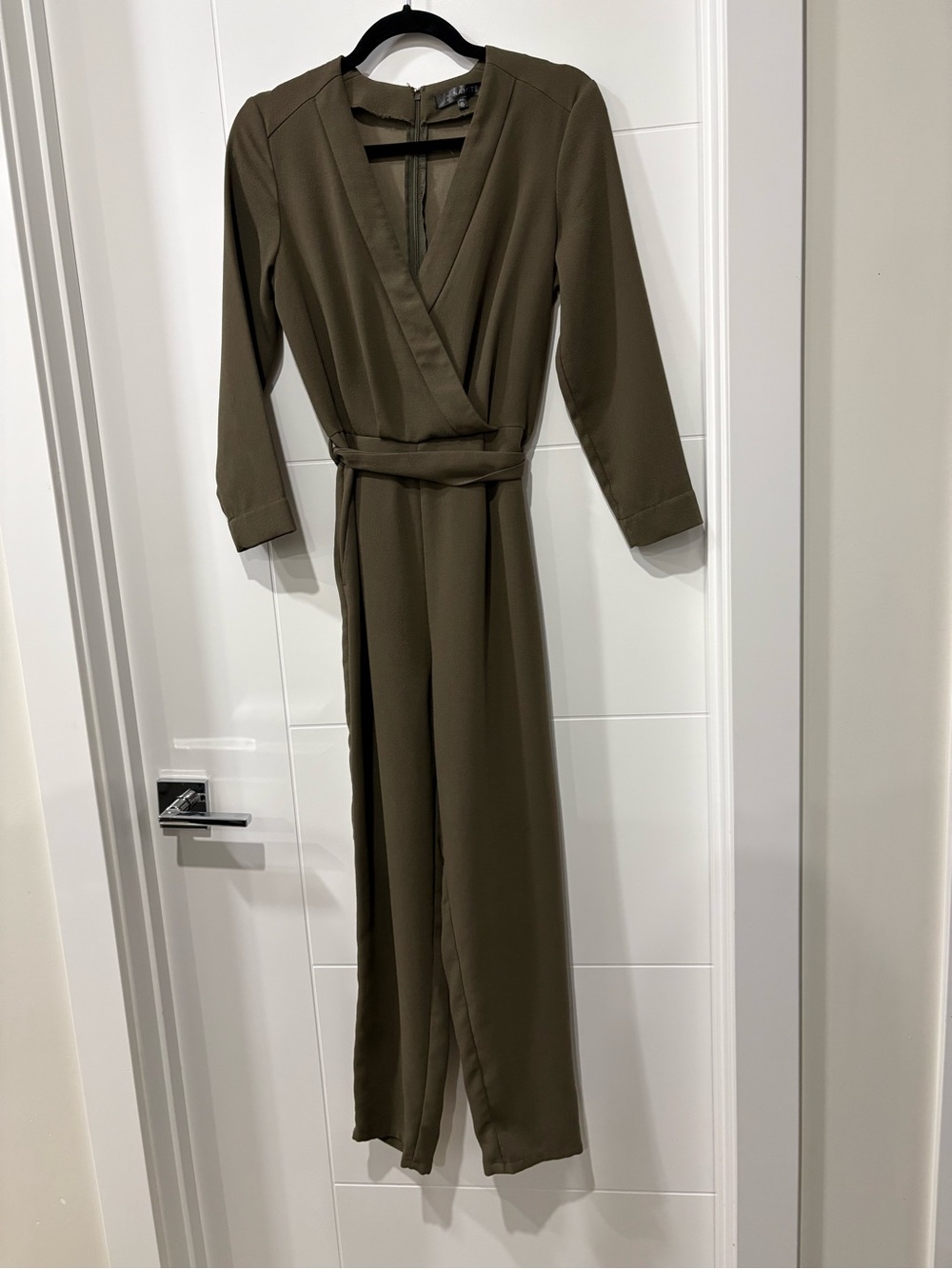 Dynamite Olive Wrap-Front Long Sleeve Jumpsuit